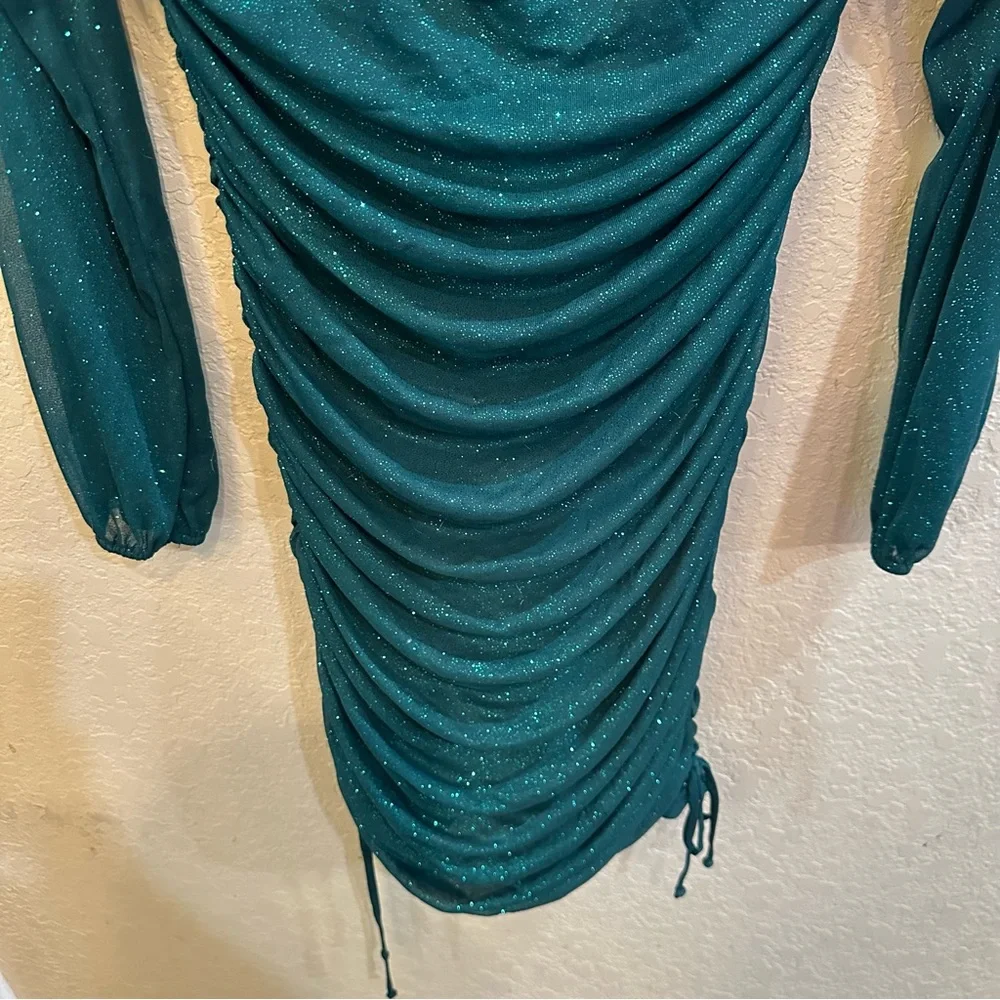 Jump Apparel XL Green Glitter Ruched Mesh Mini Bodycon Long Sleeve Holiday Dress - Picture 6 of 9